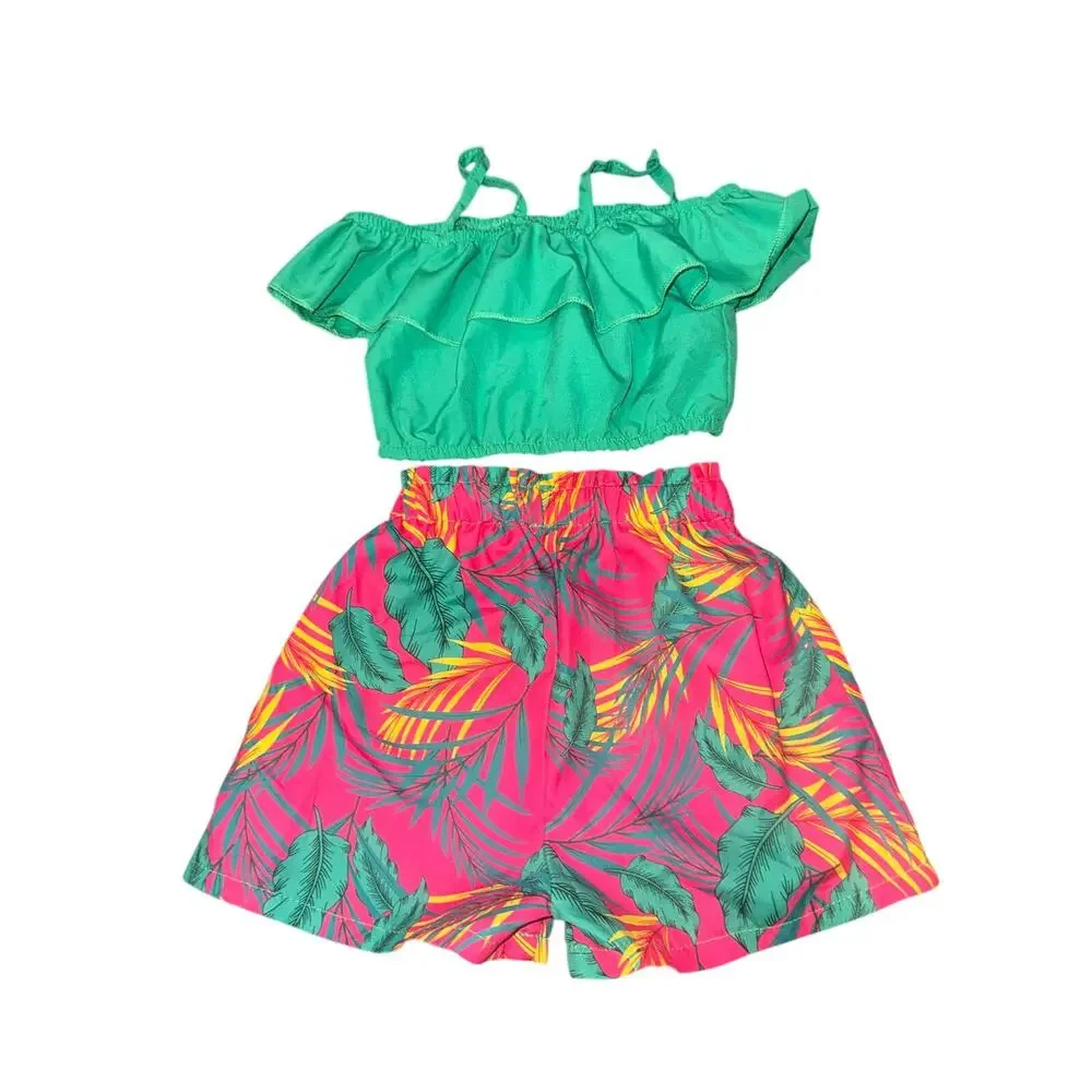 2 Tropical Summer Outfit Sets 12-24M Off Shoulder Crop Top Shorts Bundle